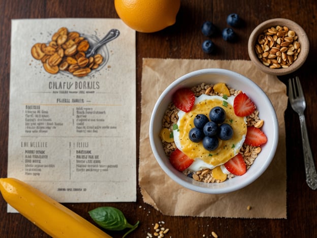 Auf dem Bild ist eine gesunde Frühstücksschüssel mit Haferflocken, Joghurt, frischen Früchten wie Erdbeeren, Blaubeeren und möglicherweise etwas Mango zu sehen. Neben der Schüssel liegen eine Banane, eine Orange und einige Nüsse in einer kleinen Schale.

Für einen energiereichen Start in den Tag sind folgende gesunde Alternativen empfehlenswert:

1. **Haferflocken**: Sie liefern langanhaltende Energie und sind reich an Ballaststoffen.
2. **Griechischer Joghurt**: Er ist herzhaft und proteinreich, was den Muskelaufbau unterstützt.
3. **Frisches Obst**: Wie Beeren, die voller Antioxidantien und Vitamine sind.
4. **Nüsse und Samen**: Sie sind reich an gesunden Fetten und Proteinen.

Eine solche Kombination sorgt für einen nahrhaften und energiereichen Start in den Tag!