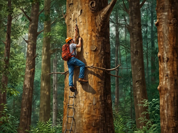 Auf dem Bild ist eine Person zu sehen, die an einem Baum klettert, während sie ein Seil und Werkzeuge verwendet. Für einen unvergesslichen Waldurlaub könnten folgende Aktivitäten in Betracht gezogen werden:

1. **Baumklettern**: Erleben Sie den Nervenkitzel des Kletterns in den Baumwipfeln und genießen Sie die Aussicht aus der Höhe.

2. **Wanderungen**: Erkunden Sie die natürlichen Wege und genießen Sie die Flora und Fauna.

3. **Vogelbeobachtung**: Halten Sie Ausschau nach verschiedenen Vogelarten und lernen Sie ihre Rufe und Gewohnheiten kennen.

4. **Naturfotografie**: Fangen Sie die Schönheit des Waldes mit Ihrer Kamera ein.

5. **Lagerfeuerabende**: Verbringen Sie gemütliche Abende am Lagerfeuer mit Geschichten und gegrilltem Essen.

6. **Survival-Training**: Lernen Sie, wie man im Wald überlebt, einschließlich Feuer machen und Unterschlüpfe bauen.

7. **Pilze sammeln**: Erforschen Sie essbare Pilze und bringen Sie sicher die besten mit nach Hause. 

Diese Aktivitäten bieten Spaß und fördern ein tieferes Verständnis für die Natur.