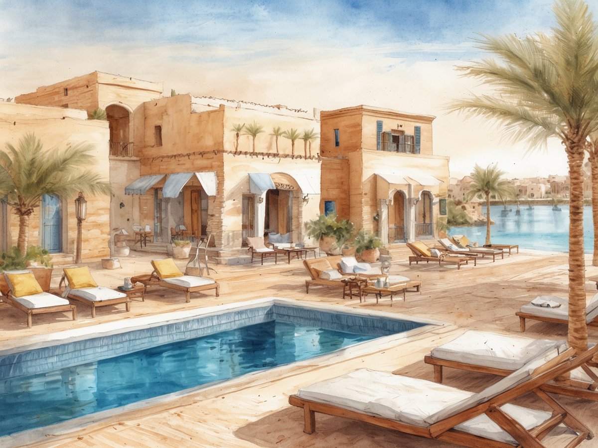 Eine malerische Ansicht eines luxuriösen Resorts in El Gouna am Roten Meer, mit einem einladenden Pool im Vordergrund. Entlang der Poolumrandung stehen bequeme Liegen mit gelben Kissen. Im Hintergrund sind stilvolle Gebäude mit hellen Wänden und blauen Fensterläden zu sehen, die von Palmen umgeben sind. Die Atmosphäre strahlt Exklusivität und Entspannung aus, ideal für einen unvergesslichen Urlaub.