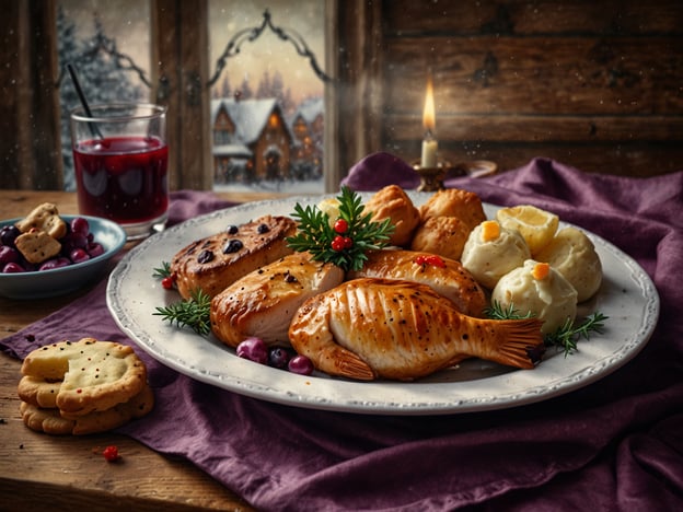 Auf dem Bild sind verschiedene traditionelle Heiligabendgerichte zu sehen, die in Deutschland beliebt sind. Es gibt gebratenen Fisch, welcher oft als Hauptgericht serviert wird, besonders in einigen Regionen. Begleitend dazu könnten Kartoffelklöße oder ein Kartoffelbrei vorhanden sein, die häufig als Beilage zu festlichen Gerichten serviert werden. 

Um das Fest der Liebe abzurunden, sind auch Plätzchen auf dem Tisch zu sehen, die in der Weihnachtszeit gebacken werden. Ein Glas mit einer festlichen Getränkekomposition, wie Glühwein oder Kinderpunsch, rundet das arrangierte Essen ab. Das gesamte Arrangement vermittelt eine gemütliche und festliche Atmosphäre, die zu Heiligabend passt.