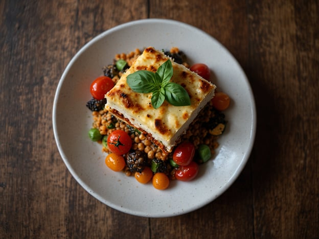 Auf dem Bild ist eine ansprechend angerichtete vegetarische oder vegane Lasagne zu sehen, die auf einem Bett aus buntem Gemüse und Hülsenfrüchten liegt. Um ein festliches Weihnachtsessen ohne tierische Produkte zu zaubern, könnten folgende Alternativen für Heiligabend in Betracht gezogen werden:

1. **Vegetarische Lasagne**: Mit Spinat, Ricotta und einer Tomatensauce oder eine vegane Variante mit Zucchini, Auberginen und einer Cashew-Sahne.

2. **Gemüsesalat**: Frisch und bunt, mit saisonalem Gemüse wie Rotkohl, Karotten und Nüssen.

3. **Kürbisrisotto**: Cremig und würzig, ideal für die winterliche Saison.

4. **Vegane Bratenalternativen**: Zum Beispiel mit Linsen oder Kichererbsen, gefüllt mit Nüssen und getrockneten Früchten.

5. **Dessert**: Vegane Schokoladenmousse oder ein fruchtiger Weihnachtskuchen.

Diese Gerichte bringen festliche Stimmung und sind gleichzeitig gesund und lecker!