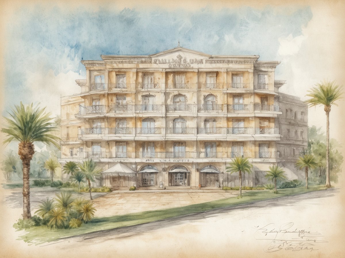 Eine elegante Wasserfarbenillustration eines Luxushotels mit mehreren Etagen, das an einer geschmackvollen Straße steht. Die Fassade ist in einem sanften Gelbton gehalten, mit vielen Fenstern und Balkonen, die den Gästen einen Blick nach außen ermöglichen. Vor dem Hotel sind gepflegte Palmen und grüne Pflanzen angeordnet, die eine tropische Atmosphäre schaffen. Ein einladender Eingangsbereich ist zu erkennen, der mit einem großen Vordach und einem abgedeckten Bereich für Gäste gestaltet ist. Der Himmel im Hintergrund ist blau mit sanften Wolken, was dem Gesamtbild eine ruhige und entspannende Stimmung verleiht.