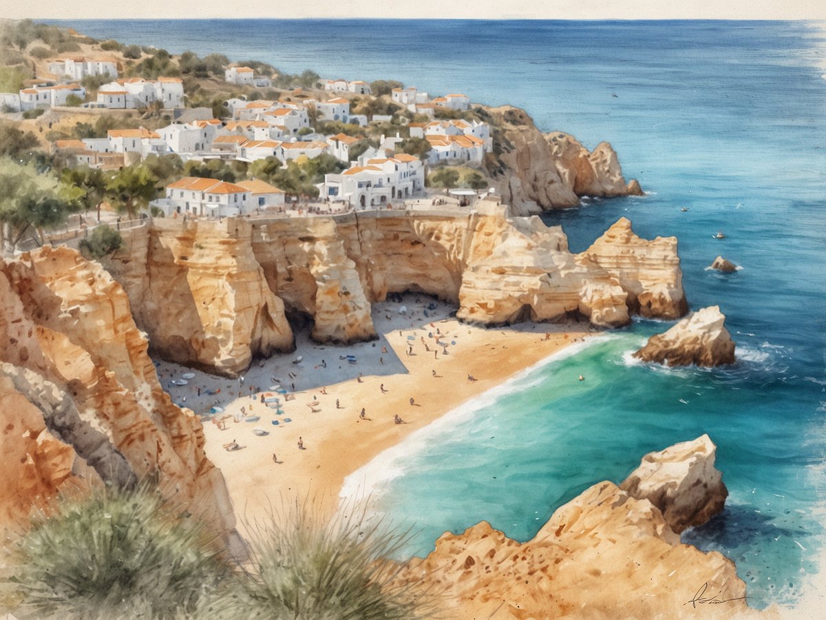 Eine atemberaubende Küstenlandschaft zeigt die Algarve als beste Stranddestination der Welt 2024. Sanfte Sandstrände sind zwischen majestätischen Klippen eingebettet, während Urlauber entspannt auf Liegen liegen. Weiße Häuser mit roten Dächern schmücken die Anhöhen, umgeben von üppigem Grün. Das klare, türkisfarbene Wasser des Atlantiks spiegelt das Sonnenlicht wider, während einige Boote sanft auf den Wellen schaukeln. Diese malerische Szenerie erweckt den Eindruck eines perfekten Urlaubstags an einem der schönsten Strände Europas.