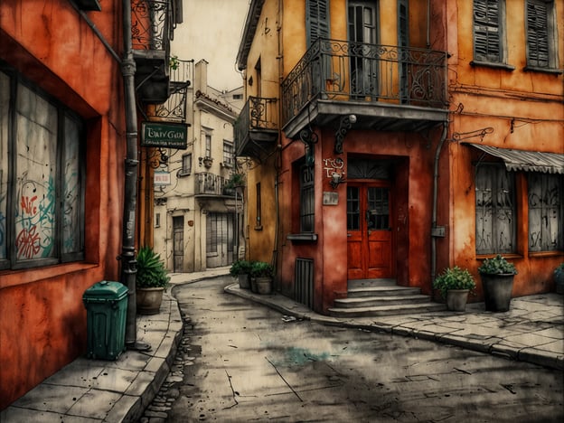 Auf dem Bild ist eine malerische, enge Gasse zu sehen, die typischen Charme von Buenos Aires ausstrahlt. Die bunten Fassaden der Gebäude in warmen Tönen wie Orange und Rot sowie die kunstvollen Balkone erinnern an die kulturelle Vielfalt der Stadt, die durch Einflüsse aus Europa, Afrika und indigenen Kulturen geprägt ist. Die Pflanzen in den Töpfen und die steinerne Straße verleihen dem Bild eine einladende Atmosphäre, die in Stadtteilen wie San Telmo oder La Boca oft zu finden ist. Diese Szene spiegelt das lebendige und kreative Ambiente wider, das Buenos Aires zu bieten hat, einschließlich der Straßenkunst und der historischen Architektur.