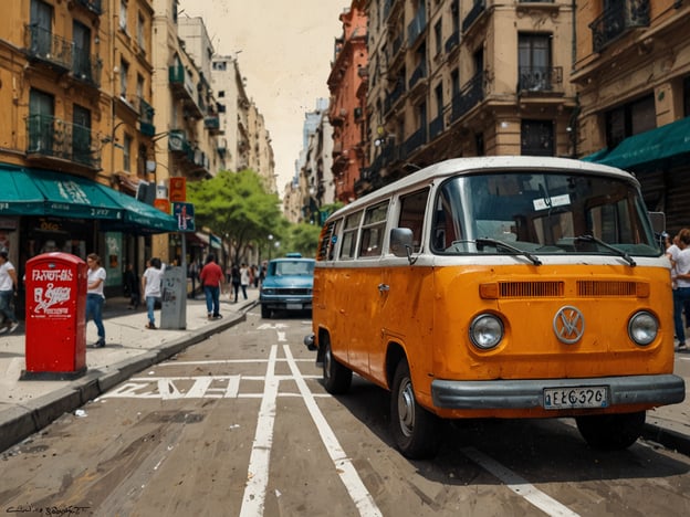 Auf dem Bild ist eine lebendige Straßenszene in Buenos Aires zu sehen. Im Vordergrund steht ein auffälliger, orangefarbener VW-Bus, der ein charakteristisches Element des modernen städtischen Lebens in der Stadt darstellt. Der Bus vermittelt ein Gefühl von Nostalgie und verbindet Tradition mit den modernen Trends der Mobilität in Buenos Aires.

Im Hintergrund erkennt man eine Straße mit geschäftigen Fußgängern und historischen Gebäuden, die die architektonische Vielfalt der Stadt repräsentieren. Die überdachten Geschäfte und die grüne Bepflanzung tragen zur urbanen Atmosphäre bei und zeigen, wie Buenos Aires Tradition und zeitgenössisches Leben harmonisch miteinander verbindet. Diese Einheit von Historie und Modernität ist ein markantes Merkmal der Stadt und zieht sowohl Einheimische als auch Touristen an.