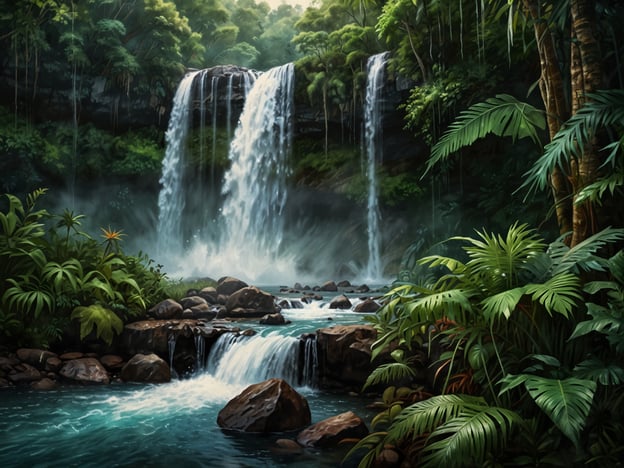 Auf dem Bild ist die majestätische Schönheit der Iguazú-Wasserfälle zu sehen. Die Wasserfälle stürzen beeindruckend inmitten üppiger tropischer Vegetation, umgeben von saftigem Grün und glitzerndem Wasser, das über vereinzelte Felsen fließt. Diese Naturszene vermittelt ein Gefühl von Ruhe und Pracht.