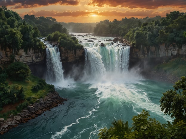 Auf dem Bild sind die majestätischen Iguazú-Wasserfälle zu sehen, umgeben von üppiger Natur und einem malerischen Sonnenuntergang. Hier sind einige praktische Tipps für Deinen Besuch:

1. **Beste Reisezeit**: Besuche die Wasserfälle zwischen April und September, wenn das Wetter angenehmer ist und die Regenfälle geringer sind.

2. **Wanderschuhe**: Trage bequeme und rutschfeste Schuhe, da die Wege oft nass und rutschig sein können.

3. **Früh ankommen**: Um Menschenmengen zu vermeiden, komme früh am Morgen. So kannst du die Wasserfälle in Ruhe genießen.

4. **Regenbekleidung**: Halte immer ein leichtes Regenjacke bereit, da der Nebel der Wasserfälle dich überraschend nass machen kann.

5. **Aussichtspunkte**: Nutze die verschiedenen Aussichtspunkte für unterschiedliche Perspektiven der Wasserfälle und vergiss nicht, viele Fotos zu machen!

6. **Führungen**: Ziehe in Betracht, an einer geführten Tour teilzunehmen, um mehr über die Flora und Fauna der Region zu erfahren.

7. **Verpflegung**: Nimm genügend Wasser und Snacks mit, da es im Park nur begrenzte Verpflegungsmöglichkeiten gibt.

8. **Respektiere die Natur**: Halte dich an die markierten Wege und respektiere die Tierwelt und Pflanzen.

Viel Spaß bei Deinem Besuch!