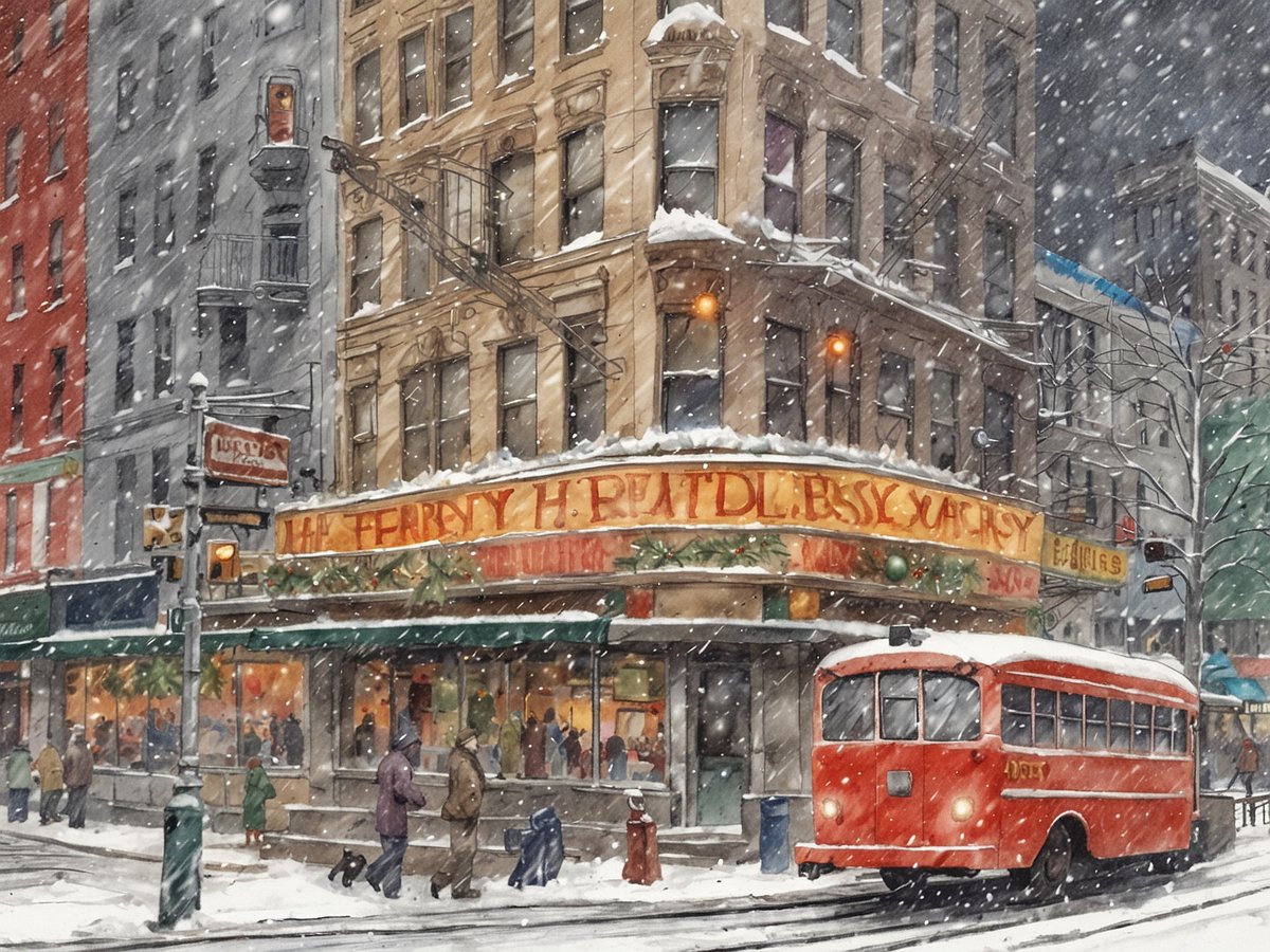 Ein schneebedeckter Straßeneck in New York während der Weihnachtszeit. Die Szene zeigt ein historisches Gebäude mit einem leuchtenden Schriftzug, der den Namen des Ladens an der Fassade anzeigt. Vor dem Gebäude stehen Passanten, die warme Winterkleidung tragen. Ein rotes Straßenbahnfahrzeug fährt durch die verschneite Straße, während dicke Schneeflocken vom Himmel fallen. Die Atmosphäre ist festlich und einladend, mit Weihnachtsdekorationen an den Fenstern der Geschäfte.