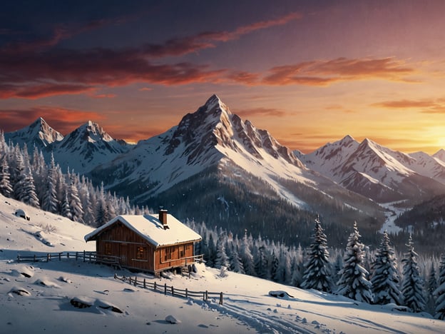 Auf dem Bild sieht man eine malerische Winterlandschaft in den Anden. Es gibt schneebedeckte Berge, die in sanften Farben der Dämmerung erstrahlen. Im Vordergrund steht eine gemütliche Holzhütte, umgeben von verschneiten Bäumen und einem gepflegten Gelände. Diese Szenerie vermittelt ein Gefühl von Ruhe und lädt ein zu Skispaß in der Andenregion, wo man die winterliche Natur genießen kann.