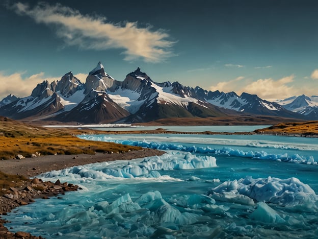 Auf dem Bild sind die majestätischen Berge der Region El Calafate in Patagonien, Argentinien, zu sehen. Die Landschaft ist geprägt von schroffen, schneebedeckten Gipfeln, die beeindruckend in den Himmel ragen. Im Vordergrund fließt ein klarer, türkisfarbener Fluss mit Eisschollen, die an der Oberfläche treiben. Die Szenerie vermittelt eine ruhige, natürliche Schönheit, die für die Region typisch ist, sowie die beeindruckenden Gletscherlandschaften, die El Calafate berühmt gemacht haben.