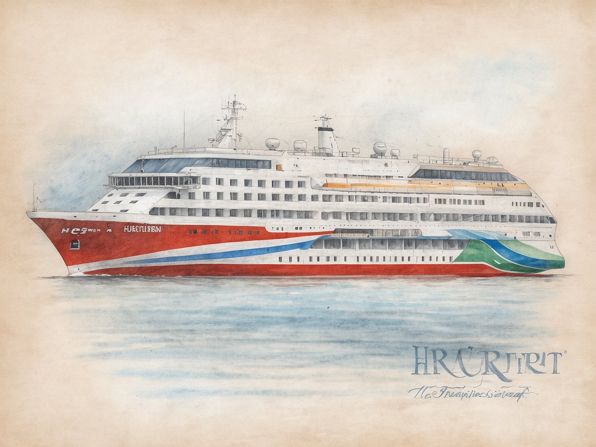 Ein Aquarellbild eines Hurtigruten Kreuzfahrtschiffs mit dem Namen HX. Das Schiff ist hauptsächlich rot mit blauen, grünen und weißen Akzenten. Es hat mehrere Decks und große Fenster. Im Hintergrund ist eine sanfte Wasseroberfläche zu sehen, die den maritimen Charakter verstärkt. Der Untergrund des Bildes ist beige und vermittelt einen nostalgischen Eindruck. Der Schriftzug Hurtigruten ist auf dem Bild abgebildet, ebenso wie die Textbezeichnung für die umweltfreundlichsten Cruise-Linien der Welt.