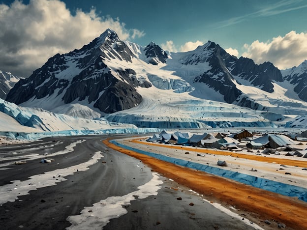 Auf dem Bild sind majestätische Berge mit schneebedeckten Gipfeln und einem Gletscher zu sehen, der sich am Fuß der Berge erstreckt. Im Vordergrund verläuft eine kurvenreiche Straße, und es sind Zelte sichtbar, die möglicherweise für Forschungs- oder Expeditionszwecke errichtet wurden. 

Diese Landschaft symbolisiert die Schönheit und Fragilität der Gletscherregionen, die stark vom Klimawandel bedroht sind. Der Schutz der Gletscher ist von entscheidender Bedeutung, da sie eine wichtige Rolle im globalen Ökosystem spielen, Wasserversorgung gewährleisten und Biodiversität unterstützen. Maßnahmen zur Förderung der Nachhaltigkeit sind essenziell, um das Abtauen der Gletscher zu verlangsamen und deren wertvolle Ökosysteme für zukünftige Generationen zu bewahren.