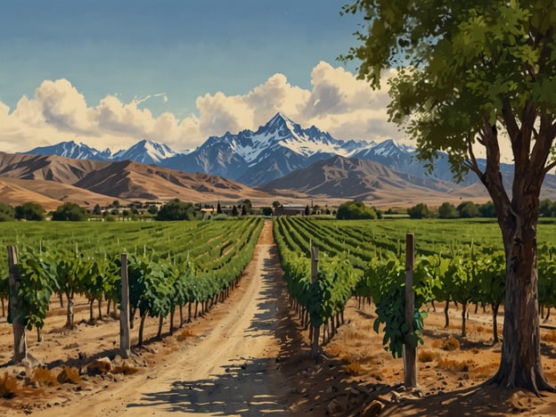 Auf dem Bild sind weitläufige Weinberge in der Weinregion Mendoza zu sehen, umgeben von majestätischen Bergen. Der Weg, der durch die Weinreben führt, vermittelt eine idyllische Atmosphäre und lädt dazu ein, die Schönheit der Landschaft zu erkunden. Die Wolken am Himmel und die Sonne, die durch die Berge scheint, ergänzen die malerische Kulisse dieser renommierten Weinregion Argentiniens. Mendoza ist bekannt für ihre hervorragenden Weine, insbesondere Malbec, und bietet viele Möglichkeiten, Weingüter zu besuchen und die lokale Kultur zu erleben.