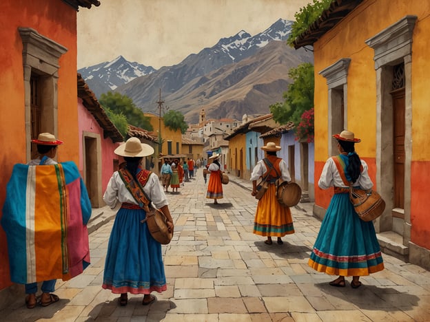 Auf dem Bild sind Frauen in traditionellen Kleidern zu sehen, die durch eine malerische Straße mit bunten Häusern in Salta gehen. Diese Darstellung erinnert an die lebendige Kultur der Region, in der Folklore und Traditionen stark verwurzelt sind. 

In Salta sind kulturelle Highlights unter anderem die koloniale Architektur, wie die Kathedrale von Salta, und die beeindruckende Umgebung der Sierra de Salta. Auch der „Cerro San Bernardo“ bietet eine herrliche Aussicht auf die Stadt. Lokale Feste, wie das „Folklores Festival“, feiern die Musik und den Tanz der Region, was die kulturelle Identität weiter verstärkt.