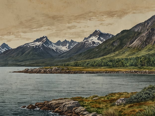 Auf dem Bild ist eine malerische Landschaft zu sehen, die wahrscheinlich im Tierra del Fuego Nationalpark aufgenommen wurde. Die Szenerie zeigt hohe, schneebedeckte Berge im Hintergrund, während sich im Vordergrund eine ruhige Wasserfläche mit steinigen Ufern erstreckt. Die Umgebung ist grün und bewaldet, was auf die reiche Flora der Region hinweist. Diese natürliche Schönheit spiegelt das Erbe und die vielfältige Ökologie des Tierra del Fuego Nationalparks wider.