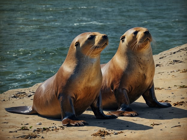 Auf dem Bild sind zwei Seelöwen zu sehen, die am Ufer eines Gewässers sitzen. Diese akrobatischen Bewohner des Golfs zeigen ihre typischen Merkmale, wie die glatte, glänzende Fellfarbe und die charakteristischen Gesichter. Die Seelöwen wirken neugierig und aufmerksam, während sie die Umgebung beobachten. Ihr Lebensraum bietet ihnen optimale Bedingungen zum Spielen und Entspannen.