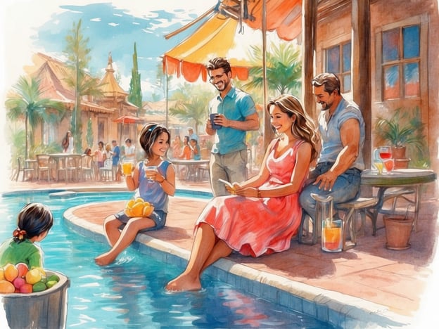 Auf dem Bild ist eine fröhliche Familienszene zu sehen. Eine Familie entspannt am Rand eines Pools, während sie Getränke genießen und Zeit miteinander verbringen. Die Atmosphäre wirkt entspannt und einladend, ideal für einen Familienurlaub. 

Familienangebote vor Ort könnten Aktivitäten wie gemeinsames Spielen am Pool, spezielle Kindermenüs in Restaurants oder Rabatte für Familienausflüge umfassen. Es gibt auch Möglichkeiten für Familienveranstaltungen oder Workshops, die das gemeinsame Erleben fördern.