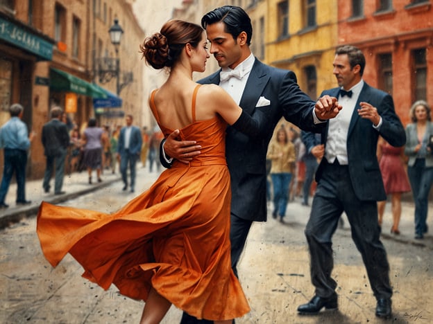 Auf dem Bild ist ein lebendiger Tanzmoment zu sehen, in dem ein Paar in elegantem Outfit einen leidenschaftlichen Tango tanzt. Die Frau trägt ein wunderschönes, orangefarbenes Kleid, während der Mann in einem klassischen Anzug mit Fliege gekleidet ist. Im Hintergrund sieht man weitere Menschen, die ebenfalls die Tanzfläche bevölkern, was die Szene noch atmosphärischer macht. Die Straßen und Gebäude erinnern an eine charmante, alte Stadt, die dem Tango als Herzschlag des Viertels eine besondere Note verleiht.