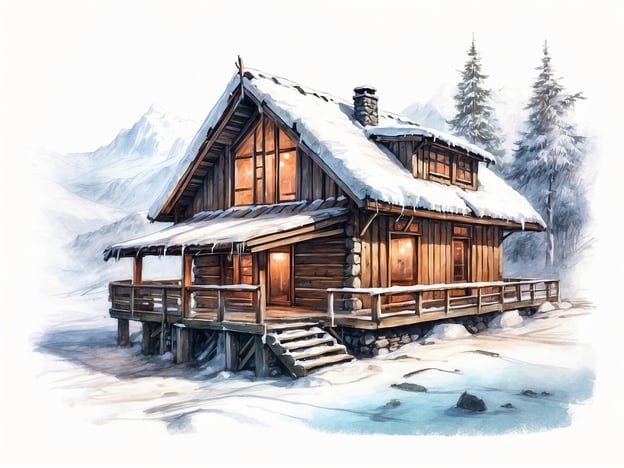 Auf dem Bild ist ein winterliches Holzhaus zu sehen, das mit Schnee bedeckt ist. Es scheint sich in einer verschneiten Landschaft mit Bergen und Tannenbäumen zu befinden. Das Iglu-Dorf ist ein Konzept, bei dem man in Iglus übernachtet, typischerweise an Orten mit Schnee und Eis, um eine einzigartige Erfahrung in der Natur zu genießen.