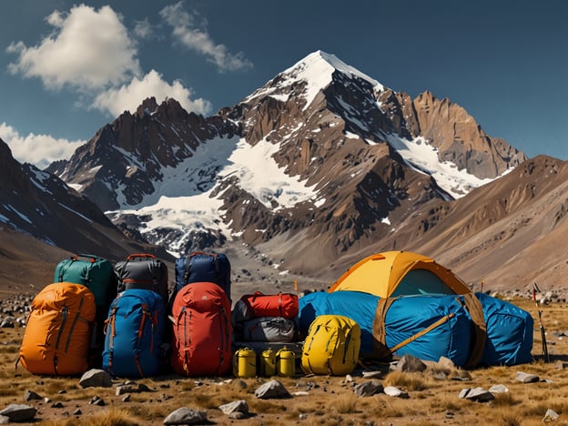 Auf dem Bild ist eine beeindruckende Berglandschaft zu sehen, vermutlich mit dem Aconcagua im Hintergrund, dem höchsten Berg der Anden. Im Vordergrund sind zahlreiche bunte Rucksäcke und ein Zelt aufgestellt, was auf eine Vorbereitung für ein Abenteuer in dieser rauen und majestätischen Umgebung hinweist. Die Anordnung der Ausrüstung deutet darauf hin, dass sich die Expeditionsteilnehmer auf das bevorstehende Abenteuer vorbereiten – möglicherweise für eine Besteigung oder eine längere Wanderung in dieser atemberaubenden Region.