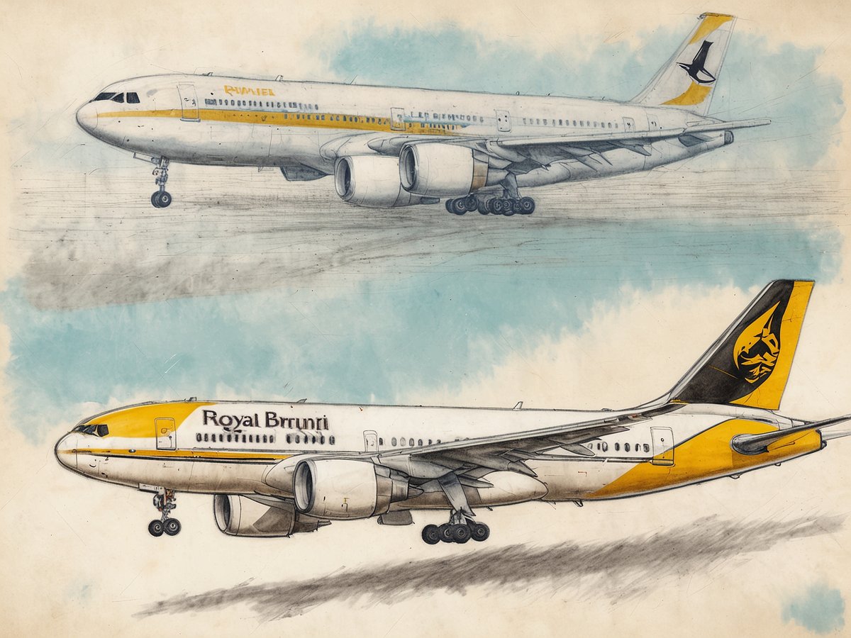 Eine künstlerische Darstellung von zwei Flugzeugen der Royal Brunei Airlines ist zu sehen. Das obere Flugzeug zeigt die Frontalansicht eines Airbus A340, während das untere Flugzeug eine Seitenansicht eines Airbus A320 zeigt. Beide Flugzeuge sind in den charakteristischen Farben der Airline gehalten, mit gelber und weißer Lackierung sowie dem Logo der Royal Brunei Airlines auf dem Rumpf. Der Hintergrund ist hellblau und vermittelt eine luftige Atmosphäre.