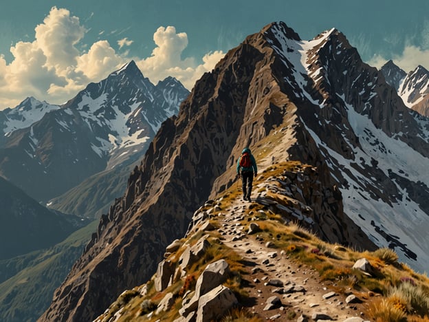 Auf dem Bild ist ein Wanderer zu sehen, der einen schmalen Pfad entlang einer Bergkette geht. Die umliegenden Berge sind majestätisch und mit Schnee bedeckt, was auf eine hohe Höhe hinweist. 

Bei solchen Aufstiegen ist die Akklimatisation entscheidend, um sich an die Höhe und den reduzierten Sauerstoffgehalt anzupassen. Eine angemessene Akklimatisation fördert die Gesundheit während des Aufstiegs, indem sie das Risiko von Höhenkrankheit verringert. Es ist wichtig, langsam zu gehen und Pausen einzulegen, um den Körper nicht zu überlasten und um die Gesundheit während der gesamten Wanderung zu gewährleisten.