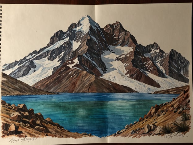 Auf dem Bild ist eine beeindruckende Berglandschaft mit schneebedeckten Gipfeln und einem glitzernden blauen See im Vordergrund zu sehen. Die Berge sind in verschiedenen Erdtönen gehalten, während der See in einem lebhaften Türkis strahlt. Diese Szenerie könnte Erinnerungen an Wanderungen oder Bergtouren wecken, bei denen man die ruhige und majestätische Natur genießen konnte. Solche Erlebnisse teilen oft Gefühle der Erhabenheit und des Staunens über die Schönheit der Natur.