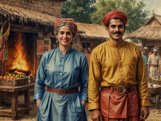 Auf dem Bild sind zwei Personen zu sehen, die traditionelle Kleidung tragen, die typischerweise in ländlichen Gegenden Indiens vorkommen könnte. Die Frau trägt ein blaues Oberteil und einen bunten Kopfschmuck, während der Mann ein gelbes Oberteil und einen roten Turban trägt. 

Der Hintergrund zeigt eine Marktszene mit Holzständen und einer Feuerstelle, was auf eine lebendige, lokale Kultur hindeutet, die stark mit landwirtschaftlichen Praktiken und Handwerk verbunden ist. Solche Märkte sind oft Orte der sozialen Interaktion, wo Menschen Produkte austauschen, Traditionen pflegen und Gemeinschaftsleben fördern. 

Die Farben und Muster der Kleidung reflektieren die kulturellen Einflüsse der Region, die durch Lösungsmittel von Tradition, Handwerk und täglichem Leben geprägt sind.