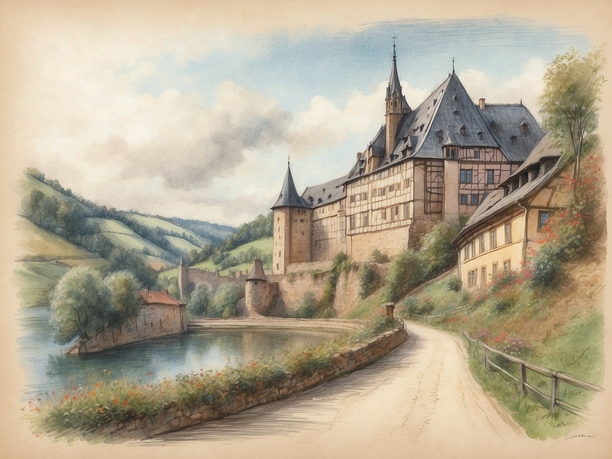 Ein malerisches Bild von der historischen Burg in Saarburg, umgeben von sanften Hügellandschaften und einem ruhigen Gewässer. Im Vordergrund führt ein kurvenreicher Weg am Wasser entlang, flankiert von blühenden Blumen und Bäumen. Die Burg ist majestätisch mit Türmen und einem markanten Satteldach, die klassische Fachwerkarchitektur ist deutlich zu erkennen. Der Himmel ist leicht bewölkt, was eine friedliche und nostalgische Atmosphäre schafft.