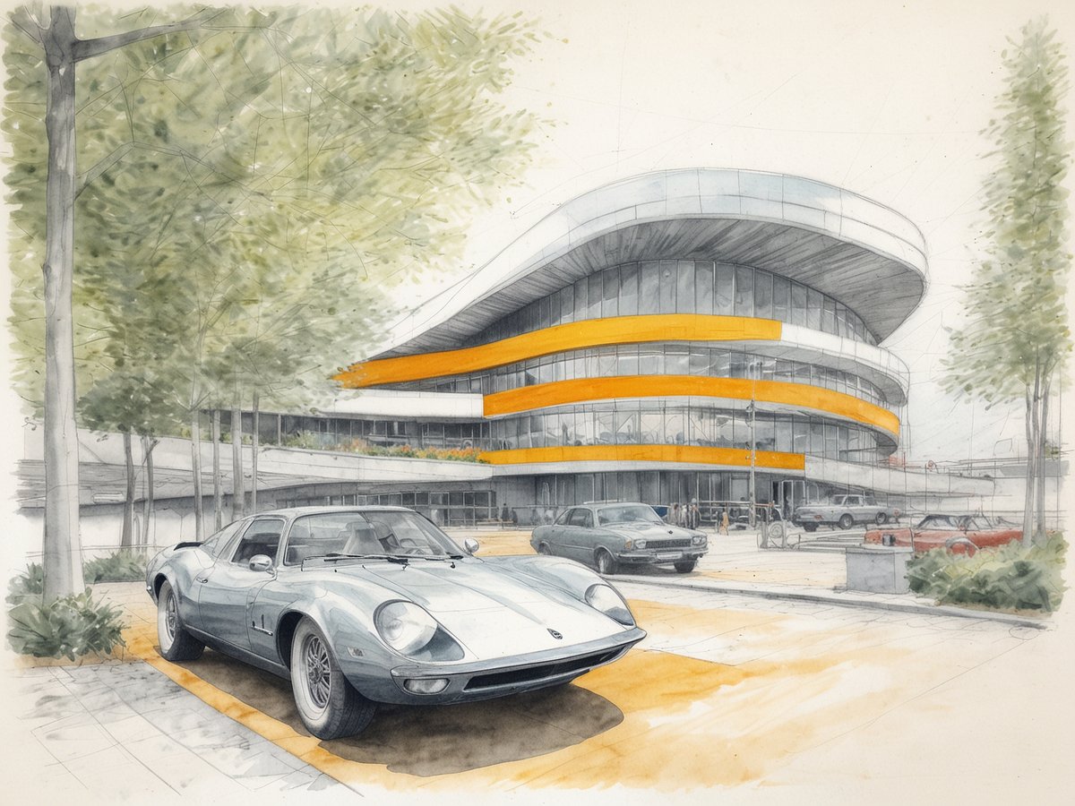 Ein klassisches Sportauto in einem Hof vor einem modernen, architektonisch ansprechenden Gebäude mit großen Glasflächen und orangefarbenen Akzenten. Im Hintergrund sind mehrere Fahrzeuge geparkt, umgeben von Bäumen und Vegetation. Das Bild vermittelt eine harmonische Verbindung von Automobilkultur und zeitgenössischem Design.