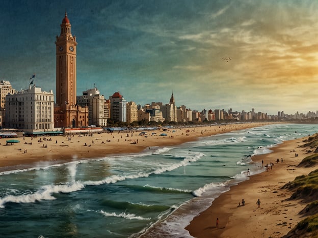 Auf dem Bild sieht man einen wunderschönen Strand mit der Küste von Mar del Plata, umgeben von beeindruckender Architektur. Im Vordergrund erstreckt sich der feine Sandstrand, wo Menschen am Wasser spazieren gehen und sich entspannen. Im Hintergrund ist ein markanter Turm zu sehen, der wohl ein bekanntes Wahrzeichen der Stadt ist. Die Wolken am Himmel reflektieren das sanfte Licht eines Sonnenuntergangs, was eine einladende Atmosphäre schafft.

Entdecke das Flair von Mar del Plata, wo die lebendige Stadt und die entspannende Küstenlandschaft eine perfekte Kombination bilden!