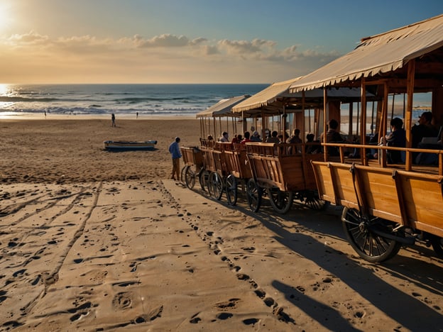 Auf dem Bild sind Holz-Kutschen zu sehen, die am Strand von Mar del Plata stehen. Diese Kutschen warten darauf, Touristen zu transportieren, während die Sonne über dem Ozean untergeht, was eine malerische Atmosphäre schafft.

**Tipps für deinen perfekten Aufenthalt in Mar del Plata:**

1. **Strände erkunden:** Nutze die vielfältigen Strände, von belebten Stadtstränden bis zu ruhigeren Buchten. Lass dir die Sonnenuntergänge nicht entgehen!

2. **Kulinarische Erlebnisse:** Probiere frische Meeresfrüchte und regionale Spezialitäten in den vielen Restaurants entlang der Küste.

3. **Spaziergänge:** Genieße Spaziergänge entlang der Strandpromenade oder durch die charmante Altstadt, um die lokale Architektur und Atmosphäre aufzusaugen.

4. **Aktivitäten:** Überlege dir, Wassersportarten wie Surfen oder Stand-Up-Paddling auszuprobieren. 

5. **Kultur und Events:** Informiere dich über lokale Veranstaltungen oder Ausstellungen, die während deines Aufenthalts stattfinden.

6. **Entspannung:** Nimm dir Zeit zum Entspannen und genieße die Atmosphäre in den Cafés mit Blick auf das Meer. 

So wird dein Aufenthalt in Mar del Plata unvergesslich!