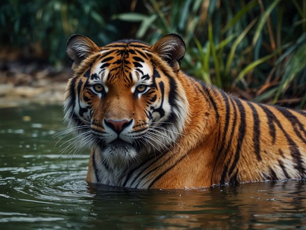 Auf dem Bild ist ein Tiger zu sehen, der im Wasser steht. Die faszinierende Welt des Tigre-Deltas zeigt die majestätische Erscheinung dieser Raubkatze, die in ihrem natürlichen Habitat lebt. Tigerdeltas sind oft von üppiger Vegetation umgeben und bieten den Tigris eine reichhaltige Umgebung, in der sie jagen, schwimmen und sich verstecken können. Der Tiger auf dem Bild hat ein auffälliges orangefarbenes Fell mit den charakteristischen schwarzen Streifen, die ihm helfen, sich in den dichten Wäldern und am Wasserlaut zu tarne.