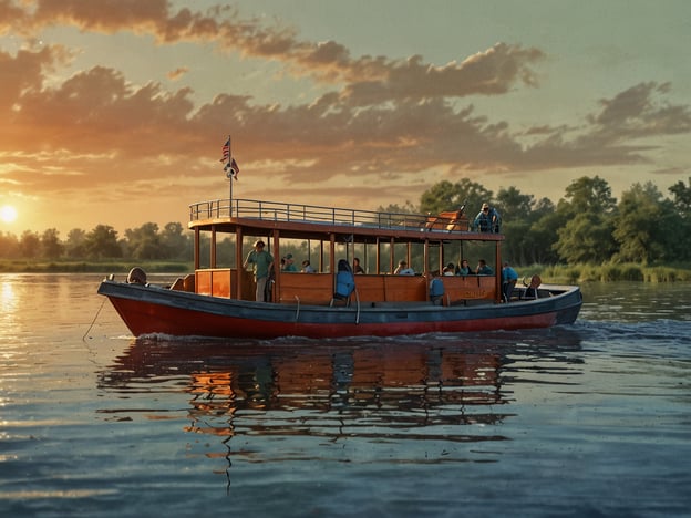 Auf dem Bild ist ein Boot zu sehen, das eine ruhige Wasserfläche entlangfährt. Es ist Sonnenuntergang, was eine stimmungsvolle Atmosphäre schafft. Passagiere sind auf dem Boot versammelt, während die Landschaft im Hintergrund eine üppige Vegetation zeigt. Diese Szene erinnert an unvergessliche Bootstouren im Delta, wo Natur und Ruhe im Einklang stehen und man die Schönheit der Umgebung genießen kann.