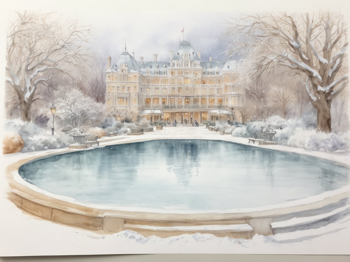 Eine malerische Winterlandschaft zeigt das elegante Mandarin Oriental Hyde Park in London, umgeben von schneebedeckten Bäumen und einem gefrorenen Teich im Vordergrund. Die Fassade des Hotels ist in sanften Gelbtönen gehalten und strahlt eine warme Atmosphäre aus, während im Himmel zarte Schneeflocken fallen. Bänke und Laternen sind entlang des Weges angeordnet, was dem Bild eine einladende Note verleiht.