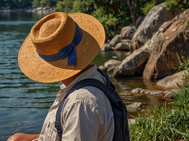 Auf dem Bild ist eine Person mit einem Strohhut zu sehen, die am Ufer eines Gewässers sitzt. Im Hintergrund sind Felsen und eine grüne Umgebung sichtbar, die auf eine naturnahe Umgebung hinweist. 

### Besucherinfos und praktische Tipps:

1. **Ort der Betrachtung**: Solche Naturszenen sind oft in Wandergebieten oder Naherholungsgebieten zu finden. Schauen Sie nach lokalen Seen oder Flüssen in Ihrer Nähe.

2. **Ausrüstung**: Ein Sonnenhut, wie der abgebildete, ist empfehlenswert, um sich vor der Sonne zu schützen. Weitere notwendige Dinge sind Wasser, Snacks und eventuell eine Kamera für die schönen Landschaften.

3. **Aktivitäten**: Nutzen Sie die Gelegenheit für Aktivitäten wie Angeln, Bootfahren oder Wandern in der Umgebung. Viele dieser Plätze bieten Wanderwege und Picknickplätze an.

4. **Umweltschutz**: Achten Sie darauf, Ihren Müll mitzunehmen, um die Natur sauber zu halten und die Tierwelt nicht zu stören.

5. **Kleidung**: Tragen Sie bequeme, wettergerechte Kleidung, die auch schmutzig werden kann, wenn Sie die Umgebung erkunden.

Viel Spaß beim Erkunden der Natur!