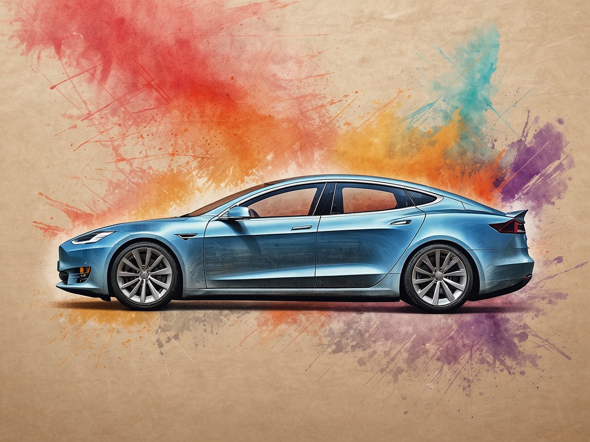 Ein blauer Tesla ist seitlich auf einem kreativen, bunten Hintergrund abgebildet. Der Hintergrund besteht aus spritzenden Wasserfarben in kräftigen Tönen wie Rot, Orange, Gelb und Blau. Der Tesla hat eine elegante Form, sportliche Felgen und eine glatte Karosserie. Der gesamte Eindruck vermittelt modernes Design und Innovation, ideal für Autobefürworter und Reisende.