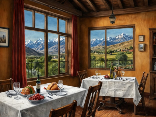 Auf dem Bild sieht man ein gemütliches Restaurant oder eine Speisezimmer mit einer beeindruckenden Aussicht auf die schneebedeckten Berge. Die Tische sind liebevoll gedeckt mit verschiedenen kulinarischen Köstlichkeiten. Auf einem Tisch befinden sich frisches Brot, Trauben und ein Flasche Wein, während auf dem anderen Tisch das Besteck und Gläser für die Gäste bereitstehen. Die Atmosphäre wird durch die warme Farben der Wände und die Fenster mit dem Panoramablick auf die Natur unterstrichen, was den Genuss der kulinarischen Entdeckungen perfekt ergänzt.