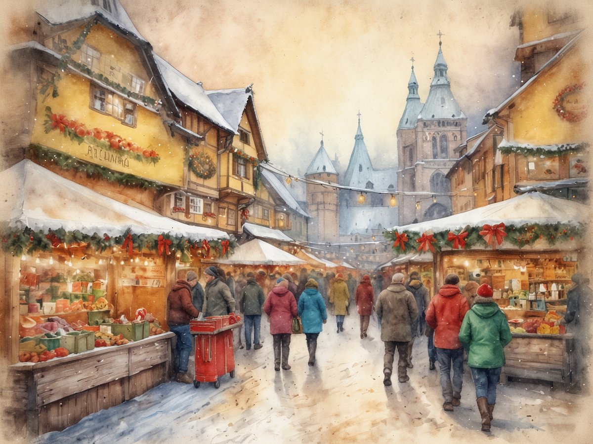 Ein malerischer Weihnachtsmarkt ist zu sehen, umgeben von festlich dekorierten Fachwerkhäusern, die mit grünen Girlanden und roten Schleifen geschmückt sind. Die Stände bieten eine Vielzahl von frischen Lebensmitteln und Handwerkskunst an, während Besucher in warmen Winterkleidungen durch den Markt schlendern. Leichte Schneeflocken fallen und der Himmel zeigt sanfte, warme Farbtöne, die eine gemütliche Atmosphäre schaffen. Im Hintergrund erheben sich historische Gebäude mit markanten Türmen, die die festliche Stimmung unterstreichen.