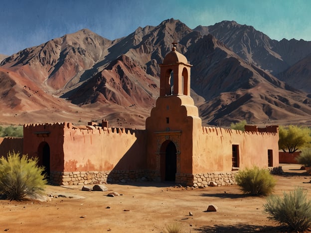 Auf dem Bild ist eine typische Bauweise aus der Region Purmamarca in Argentinien zu sehen, die von der Geschichte und Kultur der Anden geprägt ist. Purmamarca liegt am Fuße des berühmten "Berg der sieben Farben" (Cerro de los Siete Colores) und ist bekannt für seine traditionelle Architektur, die oft aus Lehm und Stein besteht.

Die abgebildete Struktur könnte eine Kirche oder ein altes Gebäude sein, das die koloniale Architektur widerspiegelt. Diese Gebäude sind oft mit farbigen Verzierungen und charakteristischen Ziegeldächern gestaltet. Die Region hat eine reiche Geschichte, die von der indigene Bevölkerung, insbesondere den Tilcara und Quechua, bis zur spanischen Kolonialisierung reicht. Heute ist Purmamarca ein beliebtes Touristenziel, das Besucher mit seiner natürlichen Schönheit und kulturellen Vielfalt anzieht. 

Die atemberaubende Landschaft mit ihren markanten, rot-braunen Bergen verstärkt den historischen Charme der Stadt und bietet einen einzigartigen Blick auf die Verbindung zwischen Mensch und Natur in dieser Region.