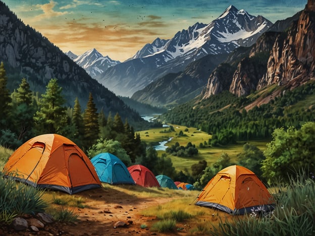 Auf dem Bild ist eine wunderschöne Berglandschaft mit mehreren Zelten zu sehen, die sich in einem malerischen Tal befinden. Umgebung lädt zu spannenden Aktivitäten ein:

1. **Wanderungen:** Entdeckst die umliegenden Berge und genießt atemberaubende Ausblicke. Die Wanderwege bieten die Chance, die Flora und Fauna der Region zu erleben.

2. **Camping:** Verbringt die Nächte unter dem Sternenhimmel, am Lagerfeuer Geschichten zu erzählen und die Natur zu genießen.

3. **Fotografie:** Nutzt die beeindruckenden Landschaften für unvergessliche Fotos. Die verschiedenfarbigen Zelte setzen einen schönen Kontrast zur Naturkulisse.

4. **Angeln:** In dem klaren Fluss könnte Angeln eine entspannende Aktivität sein und für frischen, leckeren Fisch sorgen.

5. **Tierbeobachtungen:** Haltet Ausschau nach Wildtieren, die in den Wäldern und Bergen leben, und erlebt die Natur hautnah.

Diese eindrucksvolle Kulisse ist perfekt für Abenteuerlustige und Naturliebhaber!