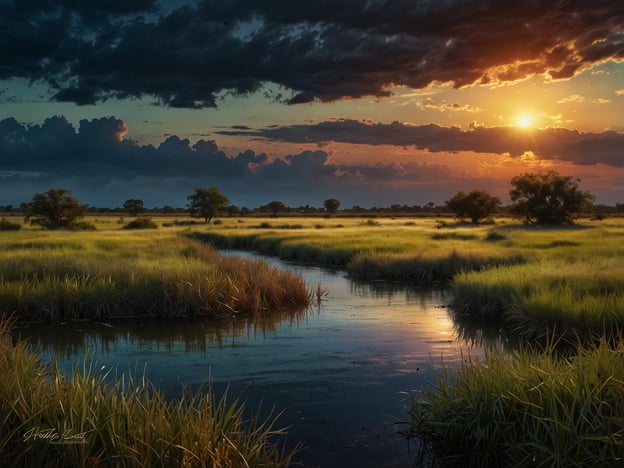 Auf dem Bild sehen wir eine malerische Landschaft der Ibera-Sümpfe. Die sanften Hügel und das satte Grün des Schilfs harmonieren perfekt mit dem Wasser, das im Licht der untergehenden Sonne glitzert. Die Wolken am Himmel verleihen der Szenerie eine dramatische Kulisse, während die warmen Farbtöne des Sonnenuntergangs eine magische Atmosphäre schaffen. Hier vereinen sich Natur und Ruhe in einem atemberaubenden Zusammenspiel, das den Betrachter in die unberührte Schönheit der Sumpflandschaft entführt.