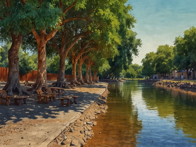 Auf dem Bild ist eine ruhige Flusslandschaft zu sehen, die von großen, schattenspendenden Bäumen gesäumt ist. Am Ufer befinden sich Holzbänke und Tische, die zum Verweilen einladen. Das Wasser spiegelt die grüne Umgebung wider und vermittelt eine friedliche Atmosphäre.

Wenn du nach Colonia Carlos Pellegrini reist, kannst du ähnliche idyllische Landschaften und Naturerlebnisse genießen. Diese Gegend ist bekannt für ihre Tierwelt und die ruhigen Gewässer, ideal für einen entspannten Aufenthalt in der Natur.