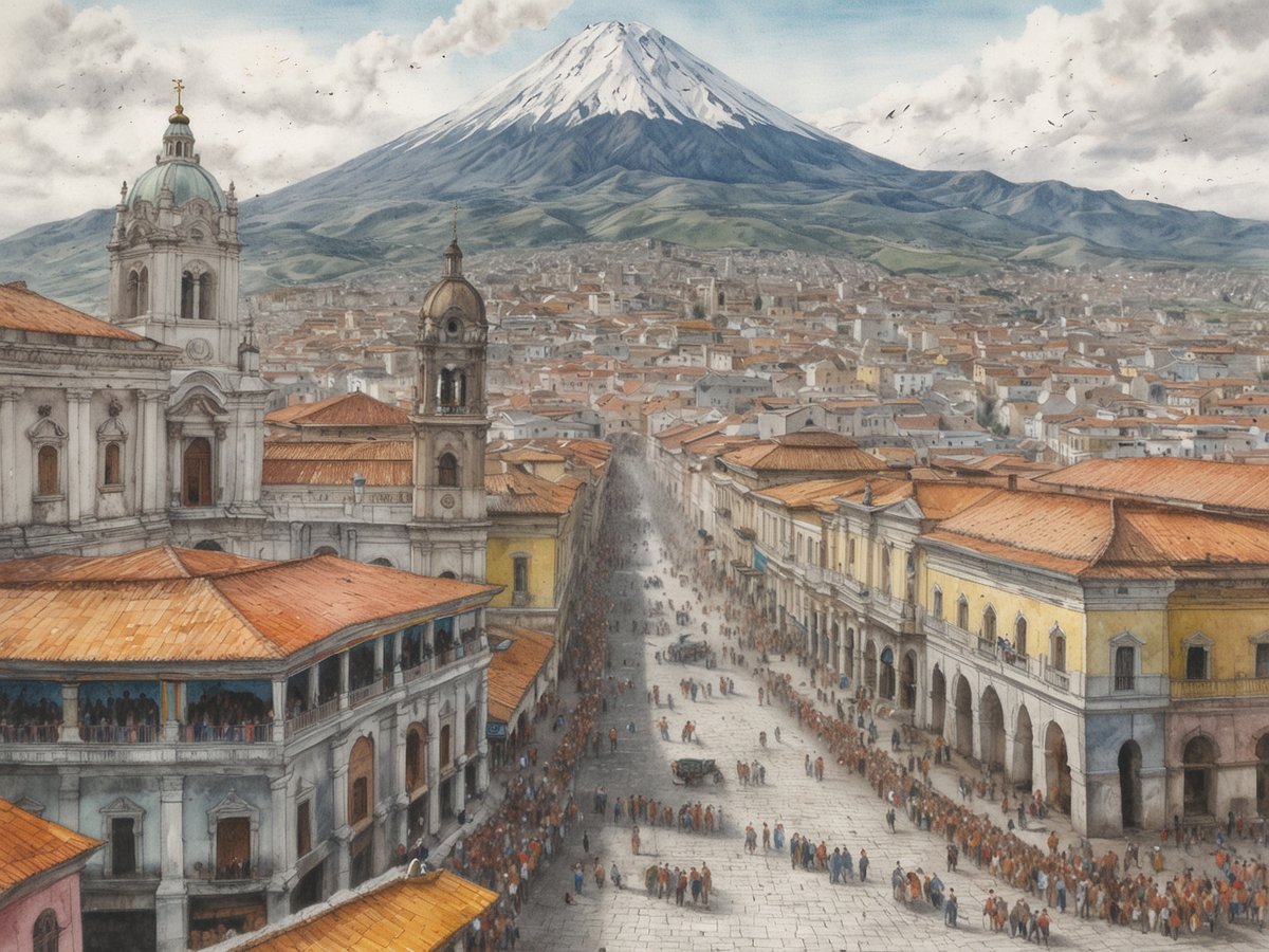 Auf dem Bild ist eine malerische Ansicht von Quito zu sehen, mit dem majestätischen schneebedeckten Vulkan im Hintergrund. Die Stadt erstreckt sich mit zahlreichen roten Dächern und historischen Gebäuden in verschiedenen Baustilen. Im Vordergrund befinden sich Menschen, die sich versammelt haben, und es ist eine belebte Atmosphäre zu erkennen. Die Straßen sind teilweise mit Ständen und Fahrzeugen gesäumt, während auf den Balkonen und in den Fenstern der umliegenden Gebäude weitere Menschen zu sehen sind. Der Himmel ist teilweise bewölkt, was der Szene eine besondere Stimmung verleiht.