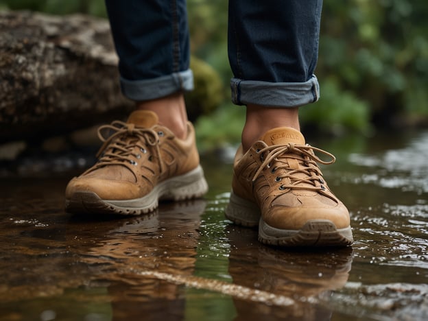 Auf dem Bild sind die Füße einer Person in wasserfesten Schuhen zu sehen, die in einer flachen Wasserstelle stehen. Um sicher und komfortabel unterwegs zu sein, hier einige praktische Tipps für deinen Aufenthalt:

1. **Wassertaugliche Schuhe tragen**: Wähle Schuhe, die bequem sind und sich gut für nasse Untergründe eignen, wie die auf dem Bild.

2. **Kleidung an die Umgebung anpassen**: Entscheide dich für zügige, atmungsaktive Kleidung, die auch einem leichten Nieselregen standhält.

3. **Sichtbarkeit**: Wenn du unterwegs bist, achte darauf, dass du gut sichtbar bist, vor allem wenn du in bewaldeten oder dunkleren Gegenden wandelst.

4. **Steigern der Sicherheit**: Achte auf den Untergrund und vermeide rutschige Stellen, besonders wenn du in der Nähe von Wasserläufen bist.

5. **Notfälle planen**: Hab stets ein kleines Erste-Hilfe-Set dabei für kleinere Verletzungen oder Insektenstiche.

Diese Tipps können dir helfen, deinen Aufenthalt angenehmer und sicherer zu gestalten!