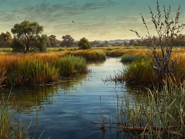 Auf dem Bild ist eine friedliche Landschaft zu sehen, die die Vielfalt der Tierwelt in den Ibera-Sümpfen widerspiegelt. Man erkennt ruhiges Wasser, umgeben von üppigen grünen und goldenen Pflanzen. Diese Sumpflandschaft bietet Lebensraum für verschiedene Vogelarten, Fische und andere Tierarten, die in dieser einzigartigen Umgebung gedeihen. Die sanften Farben des Himmels und die üppige Vegetation vermitteln eine harmonische und naturnahe Szenerie.