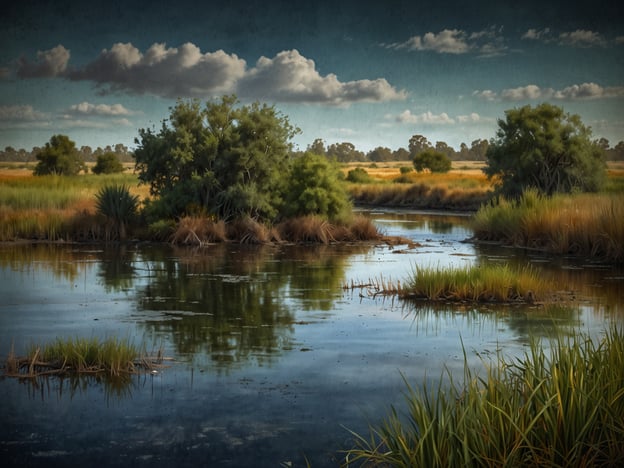 Auf dem Bild sind die idyllischen Ibera-Sümpfe zu sehen, die für ihre reiche Pflanzenwelt bekannt sind. Die Landschaft ist geprägt von üppigen Ufervegetationen, darunter hohe Gräser und Sträucher, die sich im Wasser spiegeln. Die Gewässer sind von einer Vielzahl von Pflanzen umgeben, die ein botanisches Paradies bilden. Typische Arten, die hier vorkommen könnten, sind Schilfrohr und andere Feuchtpflanzen, die eine wichtige Rolle im Ökosystem spielen. Die friedliche Atmosphäre und die natürliche Schönheit der Region machen die Ibera-Sümpfe zu einem einzigartigen Lebensraum für Flora und Fauna.