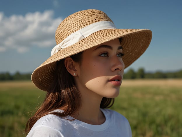 Auf dem Bild ist eine junge Person mit einem breiten Strohhut zu sehen. Sie steht im Freien, umgeben von einer grünen Wiese und einem blauen Himmel mit einigen Wolken. Ihr Ausdruck wirkt nachdenklich und friedlich.

**Besondere Hinweise für Besucher:**
- Achten Sie auf die natürliche Schönheit der Umgebung.
- Der Strohhut bietet guten Sonnenschutz, was in der Natur vorteilhaft ist.
- Diese Art von Szenerie kann inspirierend für Fotografien oder entspannende Spaziergänge sein.