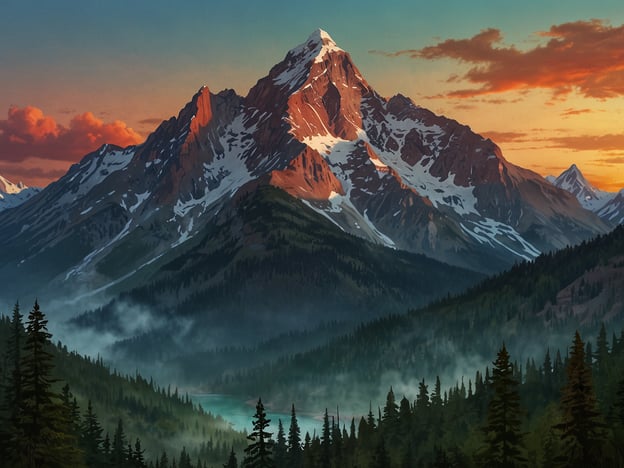 Auf dem Bild ist eine majestätische Berglandschaft zu sehen, die an die Magie des Monte Fitz Roy erinnert. Der imposante Gipfel ragt hoch in den Himmel, umgeben von schneebedeckten Bergzügen und einer malerischen Kulisse von grünen Wäldern und einem glitzernden See. Die warmen Farben des Sonnenuntergangs verleihen der Szenerie eine traumhafte Atmosphäre, die die Erhabenheit und das Abenteuer der Natur widerspiegelt. Die Wolken scheinen den Berg zu umarmen, während der Nebel sanft über die Wälder zieht. Diese Landschaft vermittelt ein Gefühl von Ruhe und zugleich von wildromantischer Schönheit, das die Seele berührt.