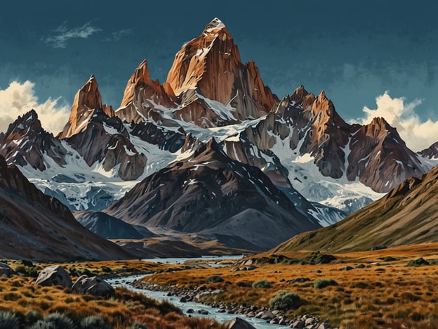 Auf dem Bild ist eine majestätische Berglandschaft zu sehen, die stark an die Region rund um den Fitz Roy in Patagonien erinnert. Die markanten, schroffen Gipfel erheben sich hoch über das umliegende Tal, das mit sanften Wiesen und einem klaren Fluss geschmückt ist. 

Diese Region ist bekannt für ihre spektakulären Wanderungen und Abenteuer. Beliebte Routen wie der Laguna de los Tres bieten atemberaubende Ausblicke auf den Fitz Roy und sind ein Muss für jeden Trekking-Liebhaber. Die Wanderungen sind oft herausfordernd, belohnen aber die Teilnehmer mit unvergesslichen Panoramen und der Möglichkeit, die reiche Flora und Fauna Patagoniens zu erleben. 

Abenteuerlustige finden hier auch Möglichkeiten zum Klettern und Mountainbiken, während die beeindruckende Natur einen ständigen Begleiter auf all ihren Erkundungen bietet.